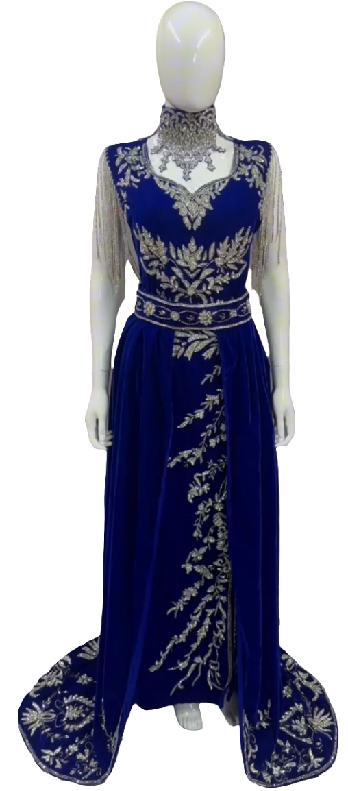 Velvet Gown with Embroidery & Detachable Neck Piece and Hand Fan