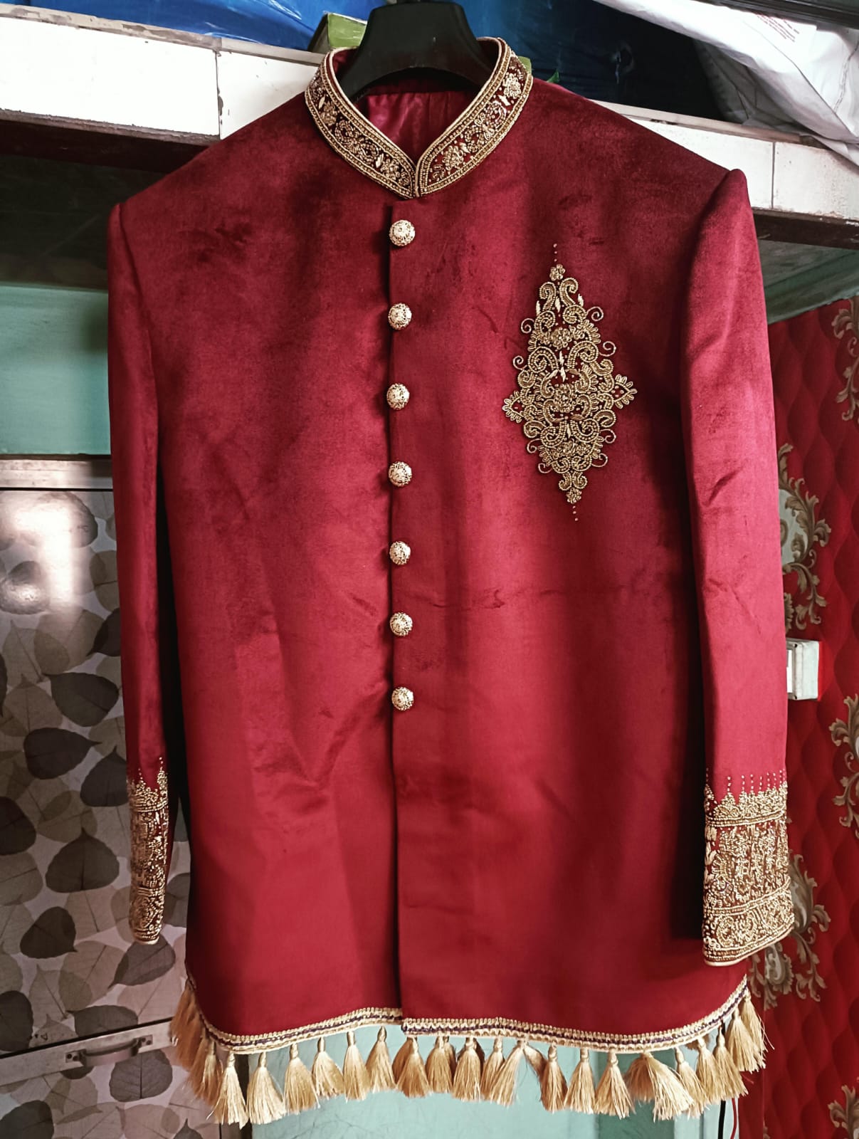 Boys Men Regal High Colar Suede Suit 2pc Garment Sherwani