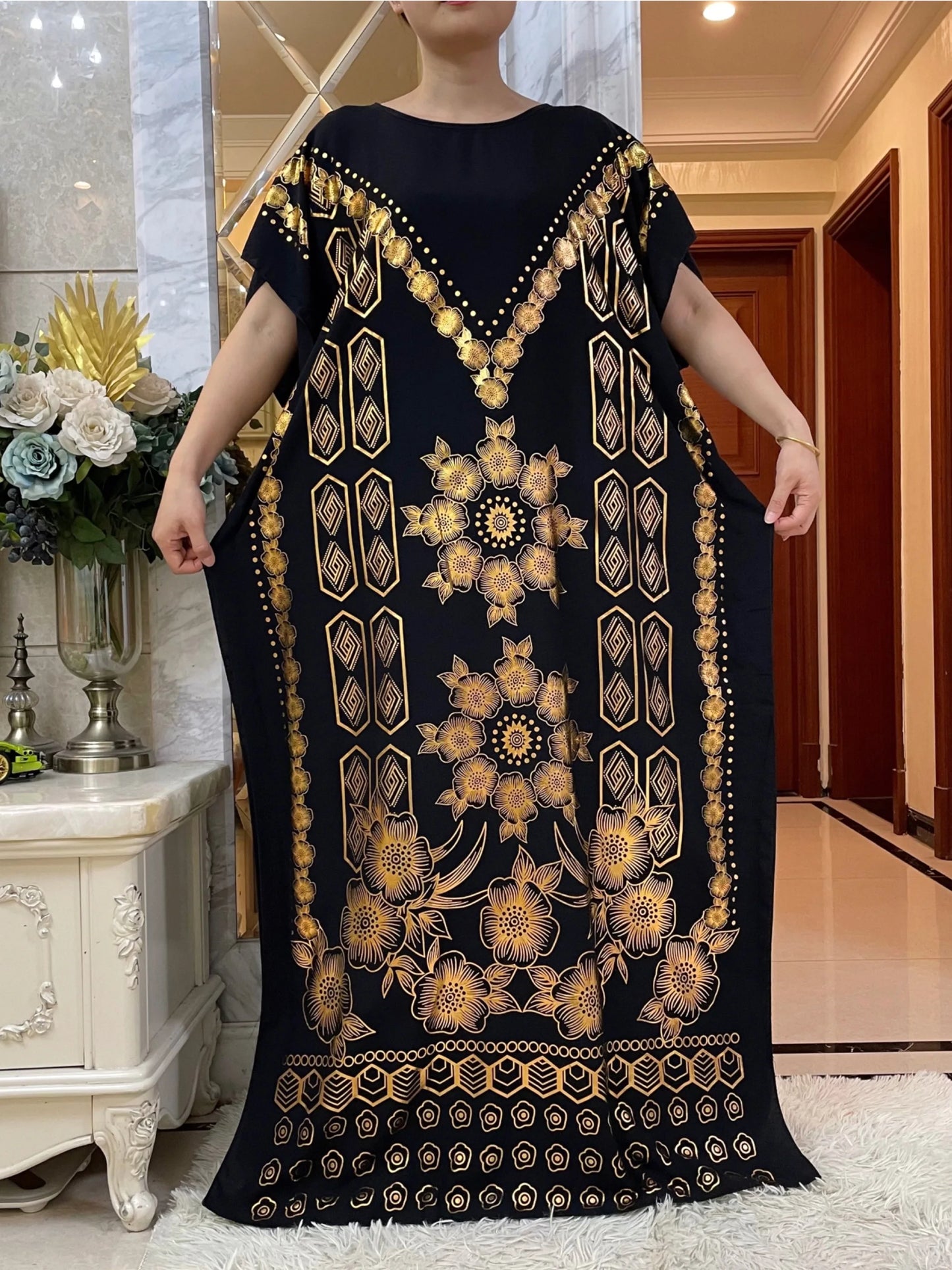 Cotton Robe Gold Stamping Maxi Dress With Big Scarf Abaya Modest Fit