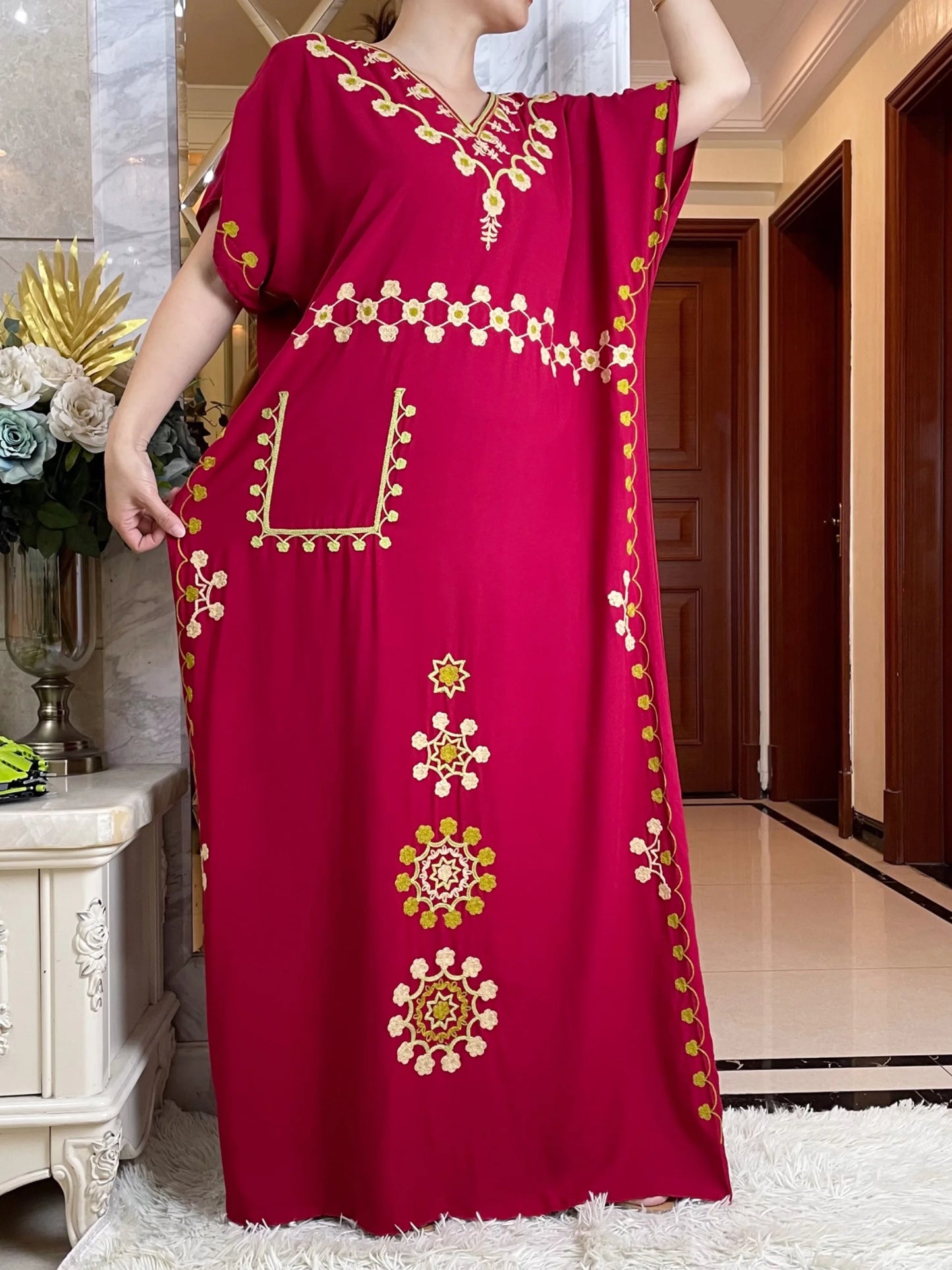 V-neck Abaya Summer Short Sleeve Loose Cotton Dress With Big Scarf