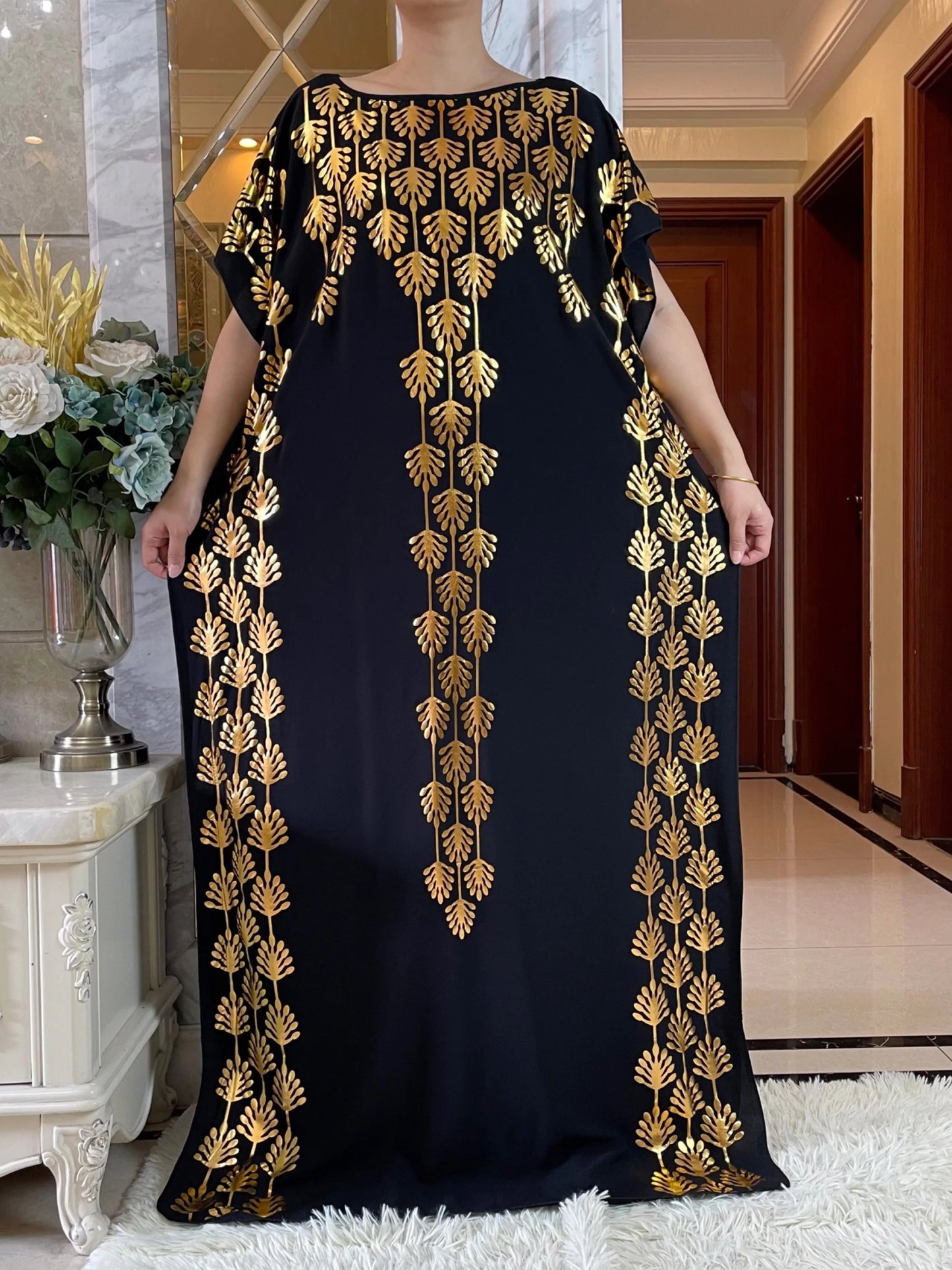 Cotton Loose Dress With Big Scarf Gold Stamping Maxi
