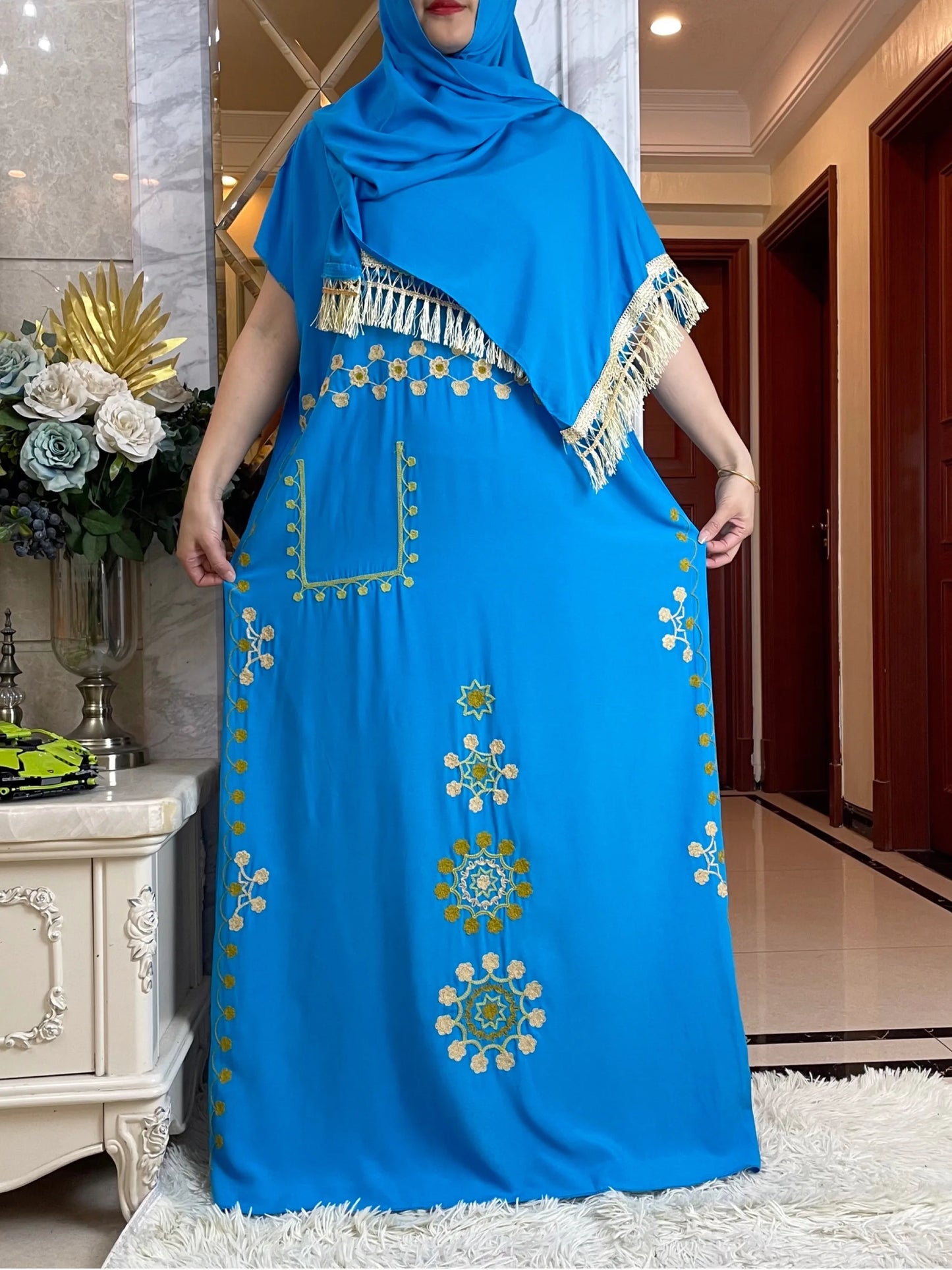 V-neck Abaya Summer Short Sleeve Loose Cotton Dress With Big Scarf