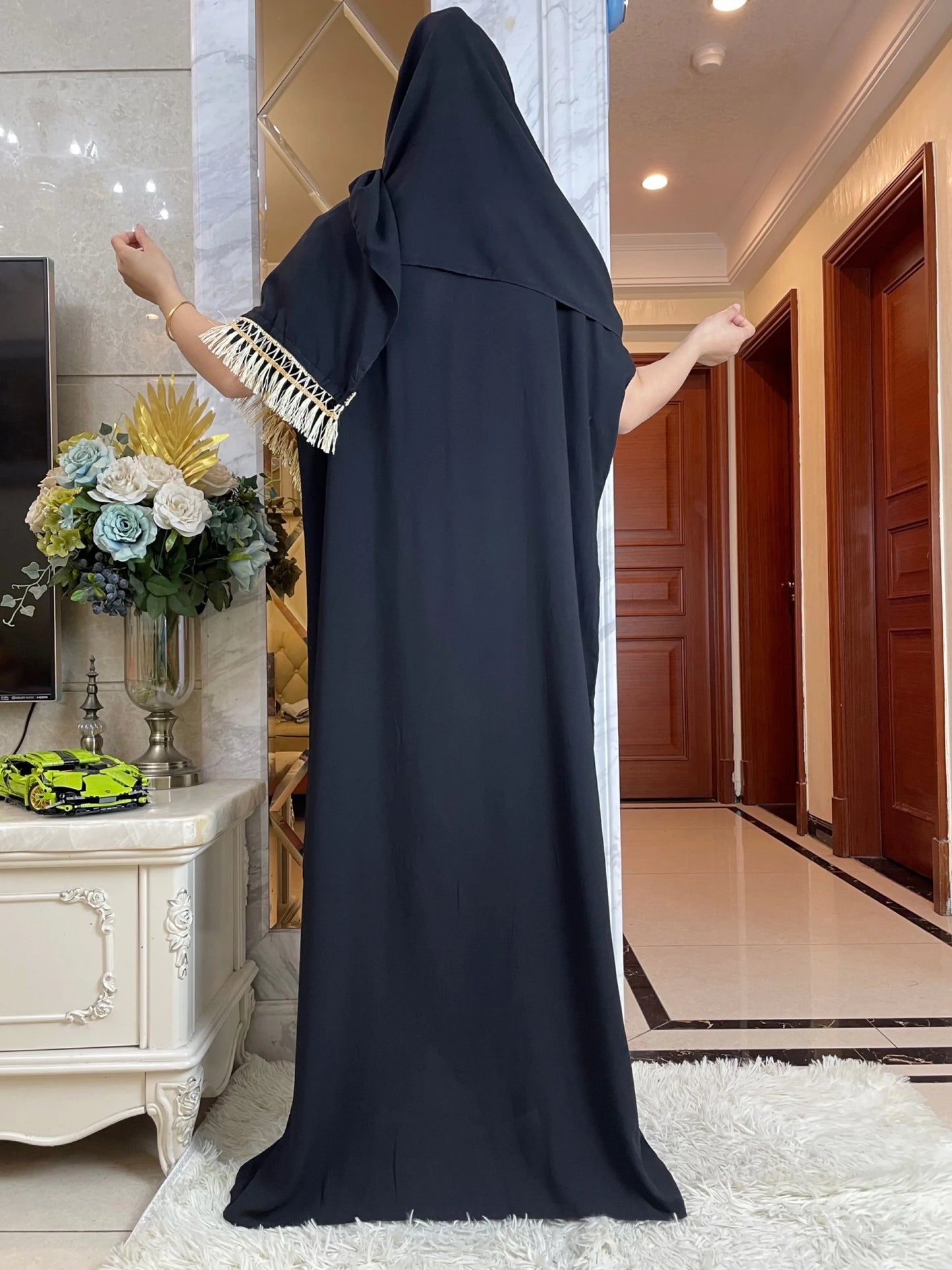 V-neck Abaya Summer Short Sleeve Loose Cotton Dress With Big Scarf