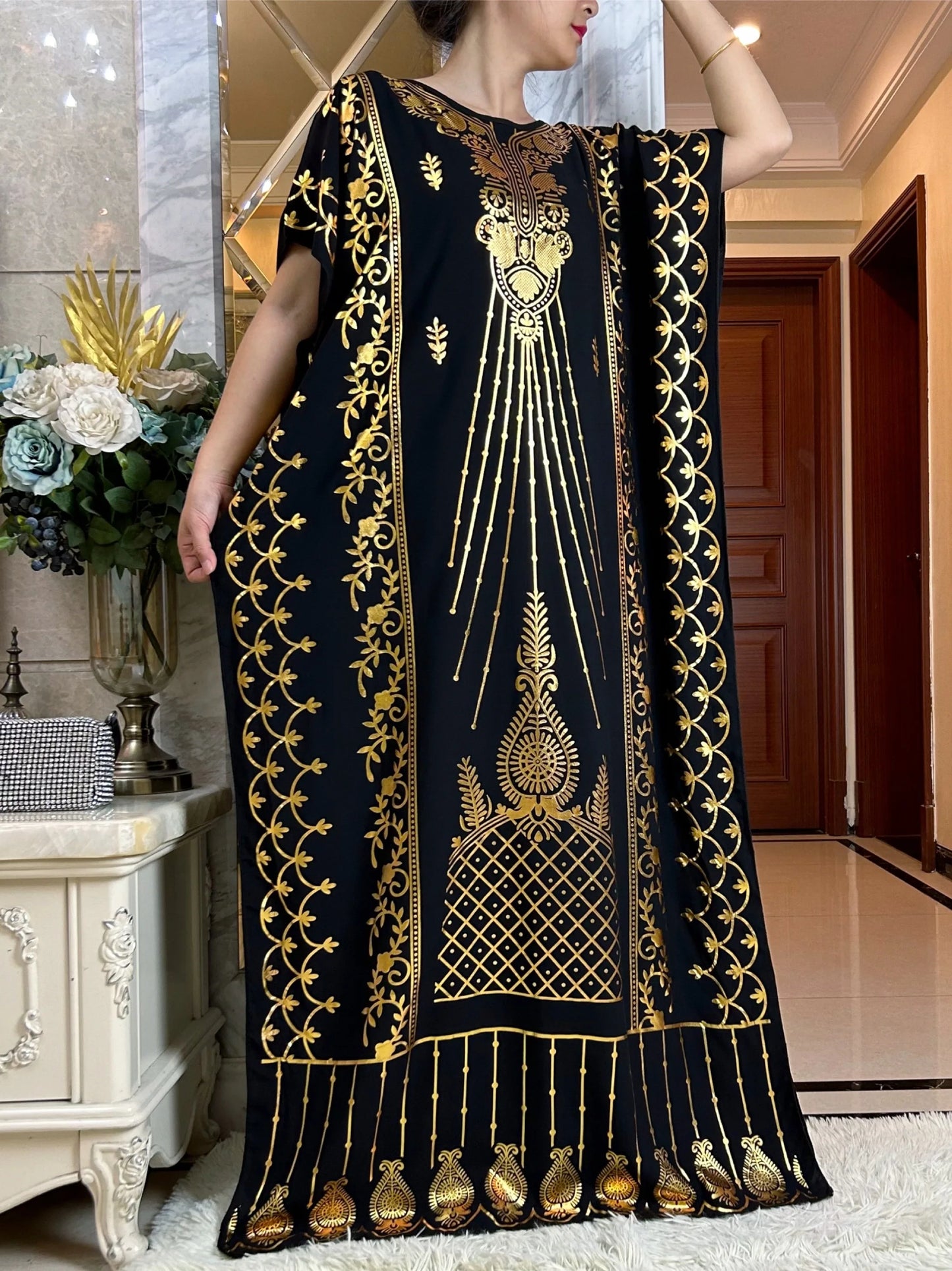 Cotton Loose Dress With Big Scarf Gold Stamping Maxi
