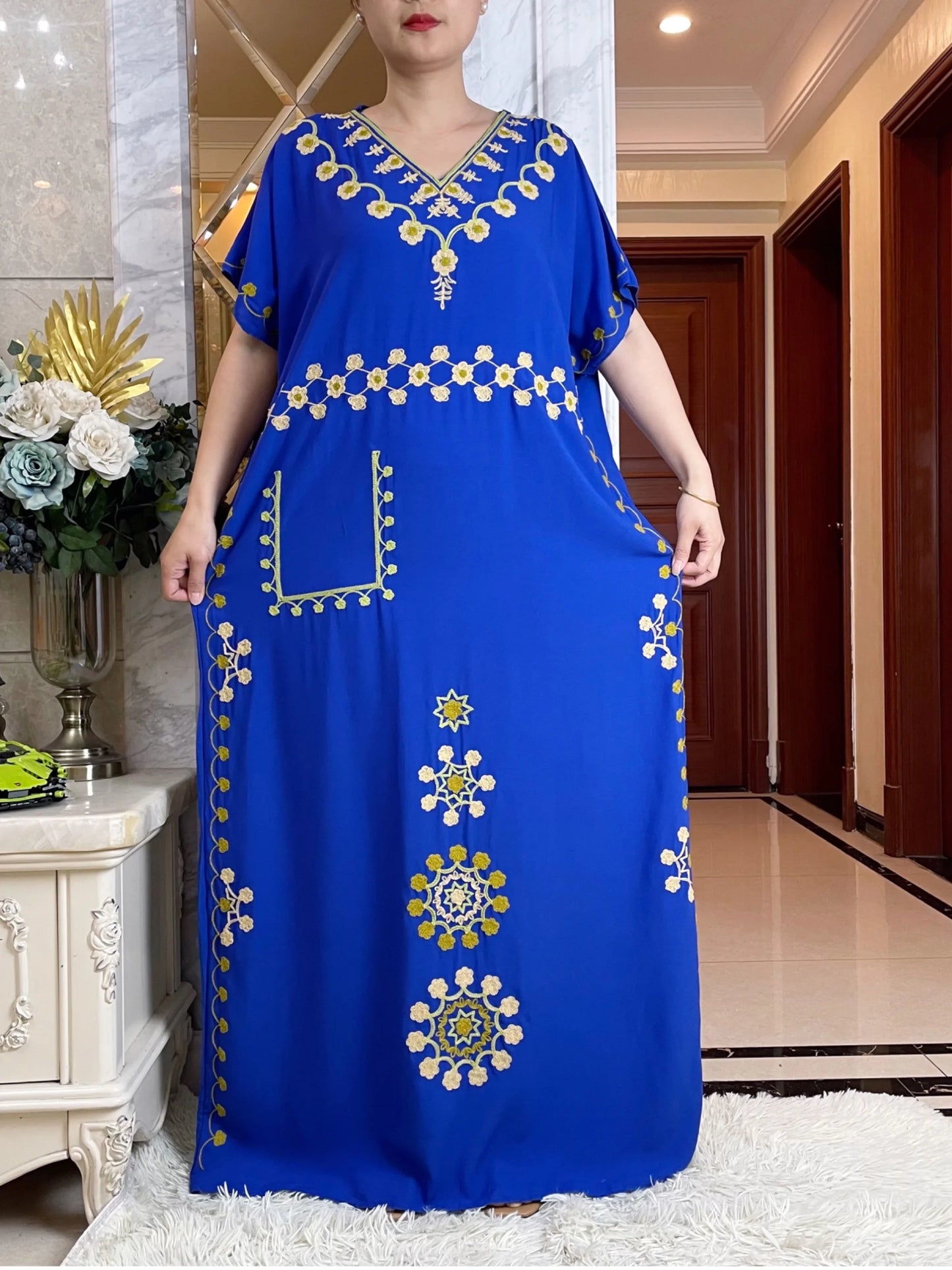 V-neck Abaya Summer Short Sleeve Loose Cotton Dress With Big Scarf