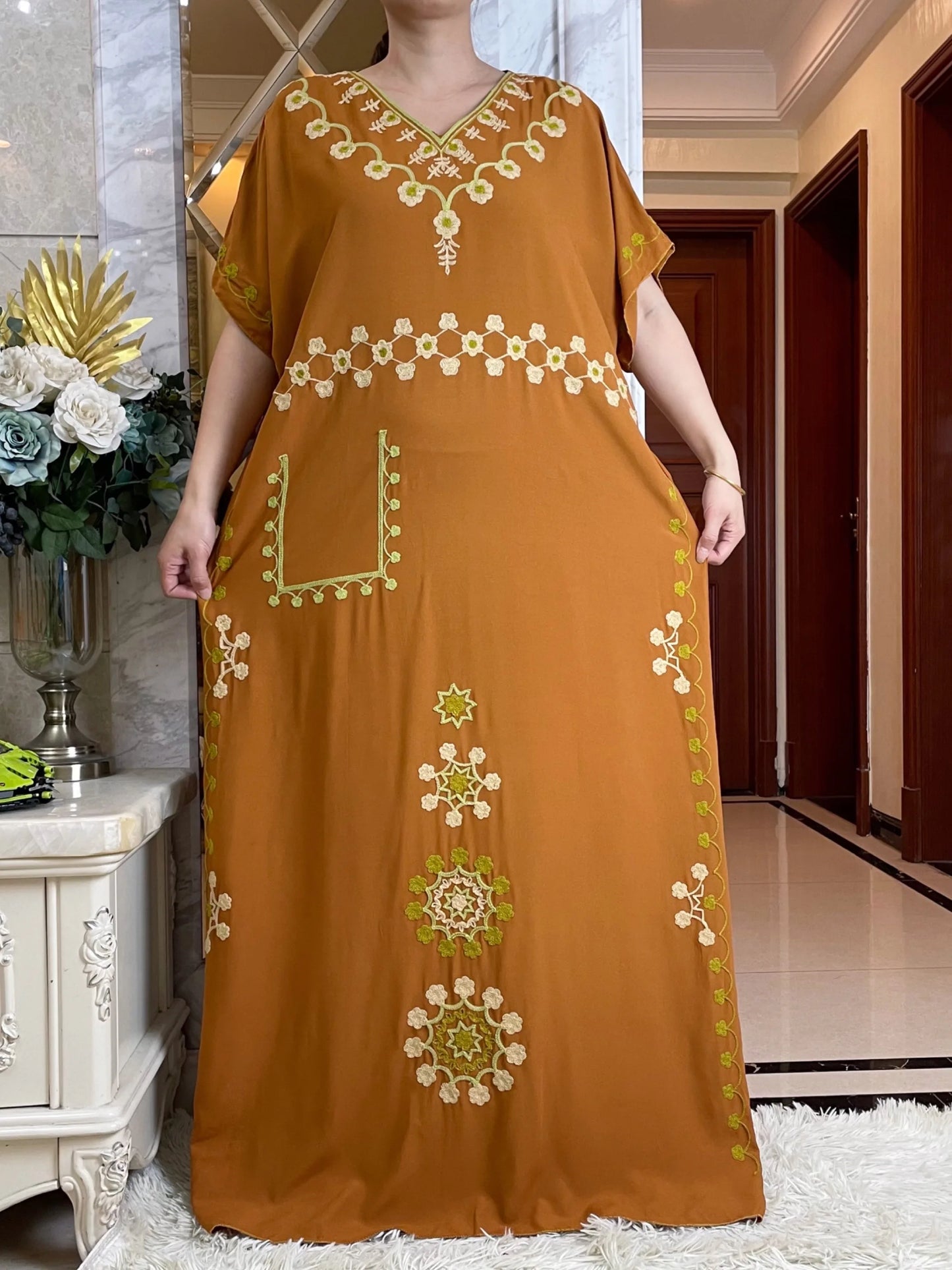 V-neck Abaya Summer Short Sleeve Loose Cotton Dress With Big Scarf