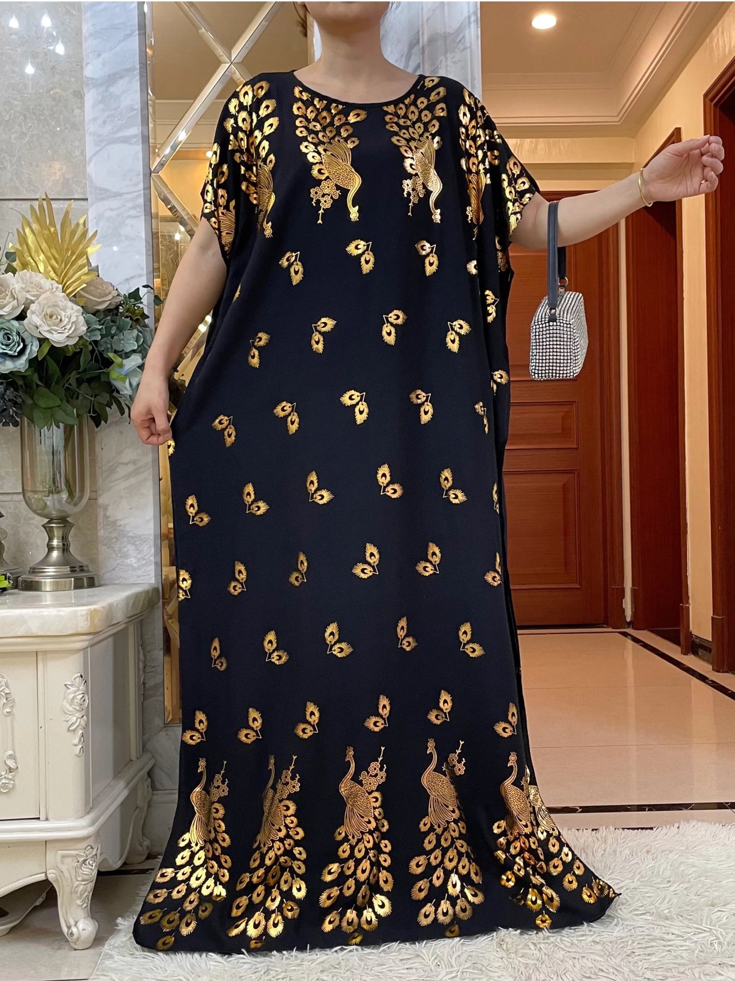 Cotton Robe Gold Stamping Maxi Dress With Big Scarf Abaya Modest Fit