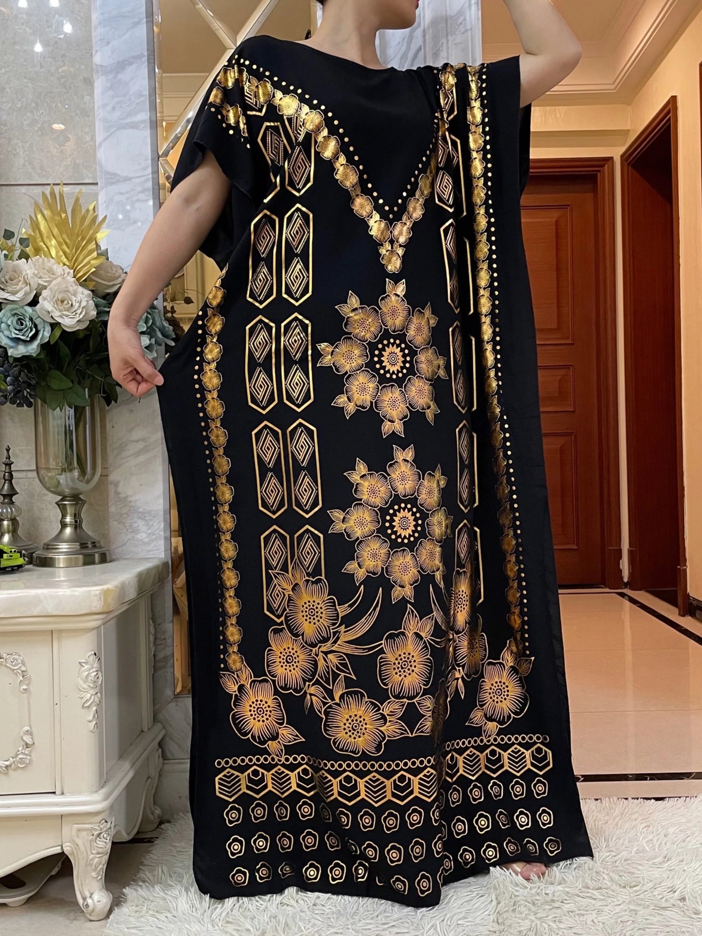 Cotton Robe Gold Stamping Maxi Dress With Big Scarf Abaya Modest Fit