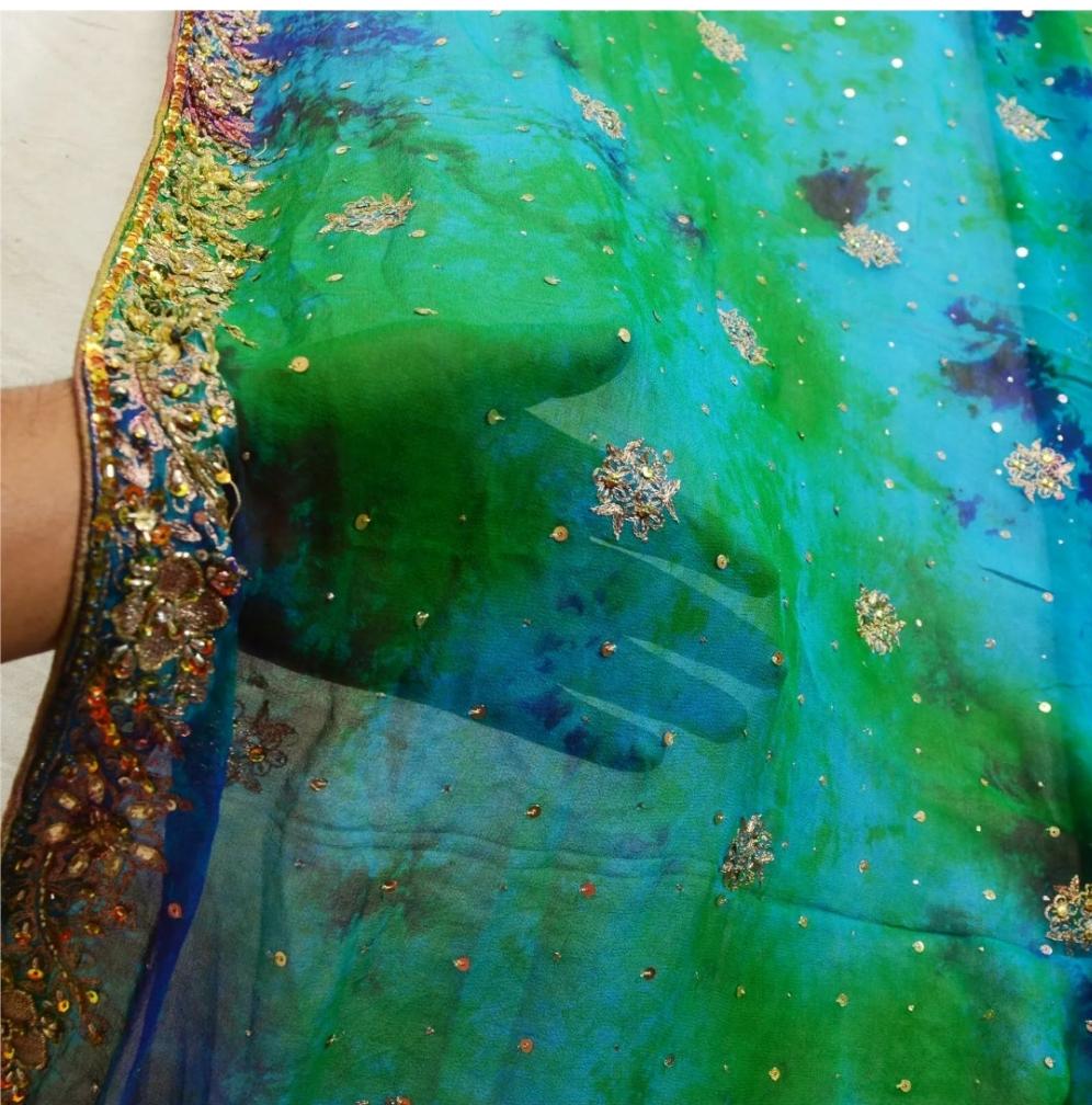 Blue and green Tye dye Headwrap Veil Shawl Bride Bridal