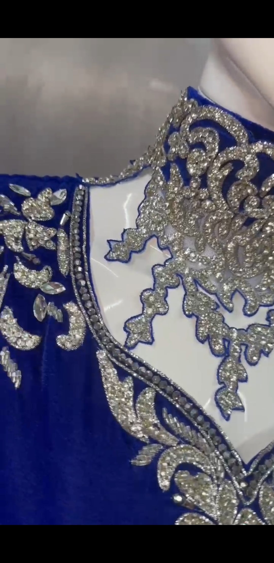 Velvet Gown with Embroidery & Detachable Neck Piece and Hand Fan
