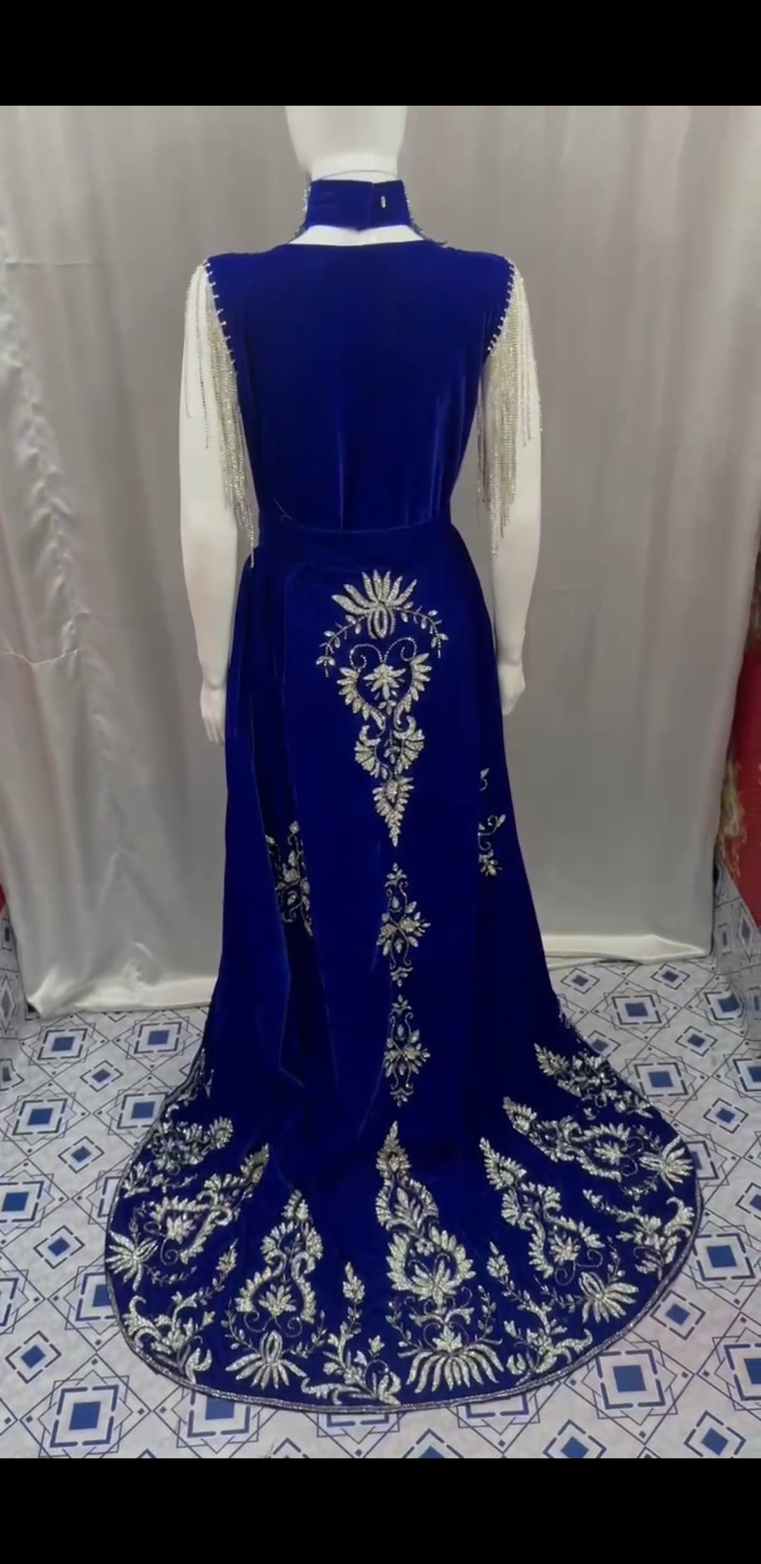Velvet Gown with Embroidery & Detachable Neck Piece and Hand Fan