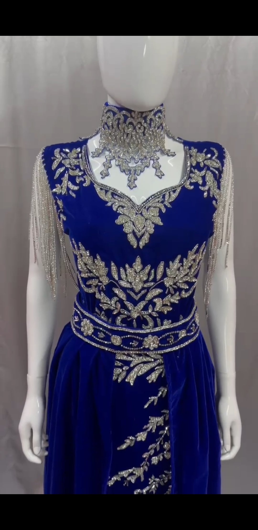 Velvet Gown with Embroidery & Detachable Neck Piece and Hand Fan