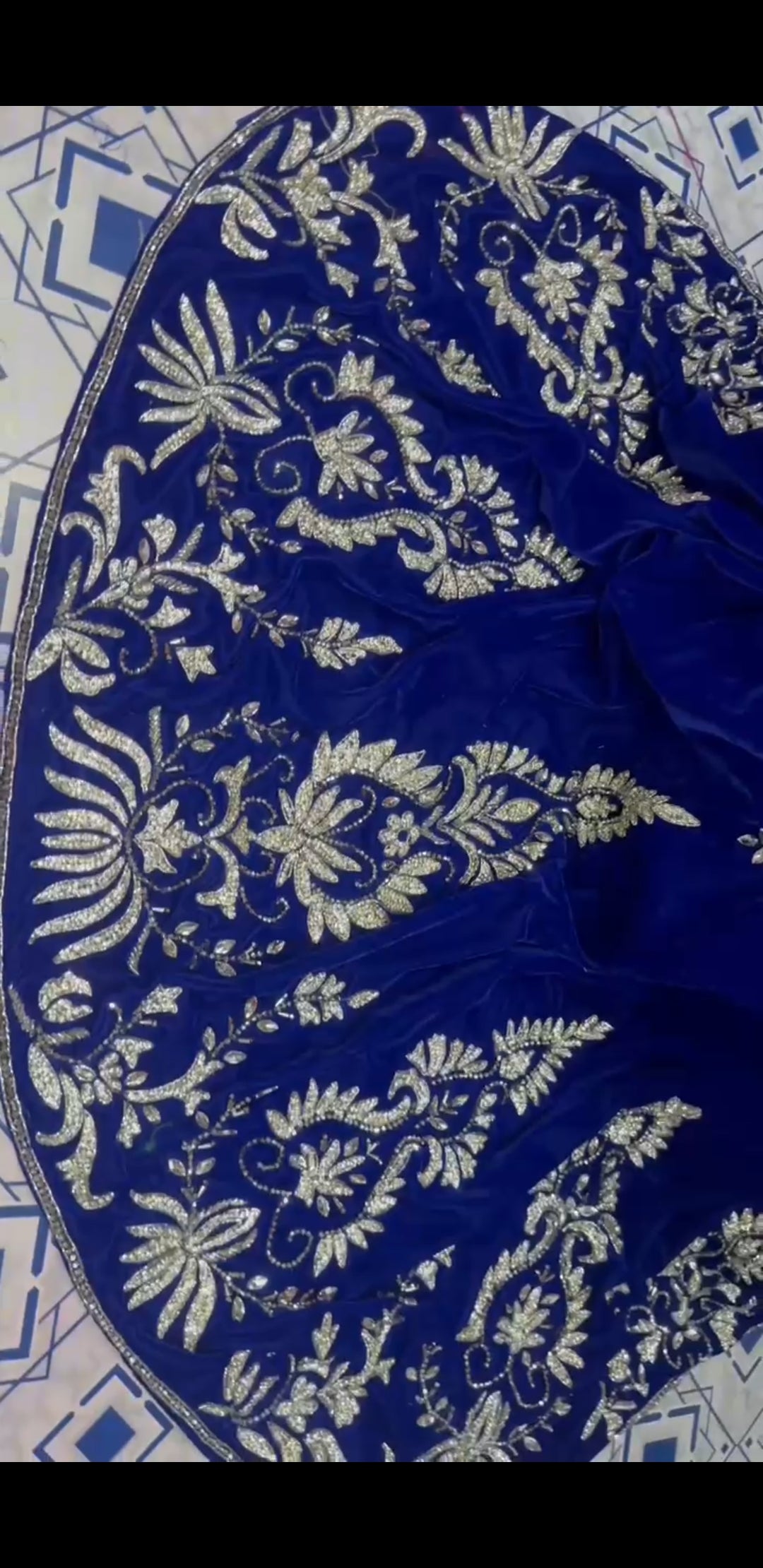 Velvet Gown with Embroidery & Detachable Neck Piece and Hand Fan