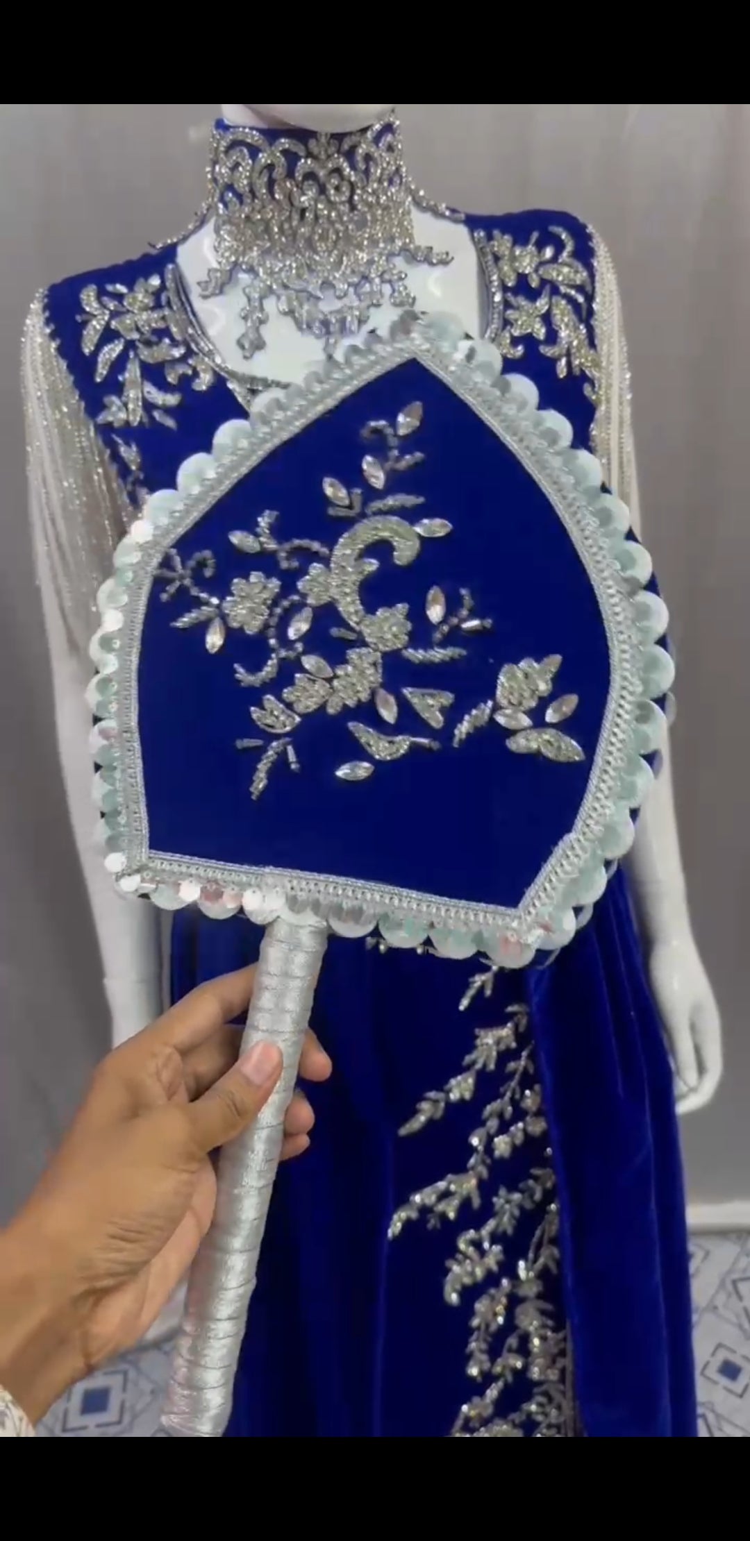Velvet Gown with Embroidery & Detachable Neck Piece and Hand Fan