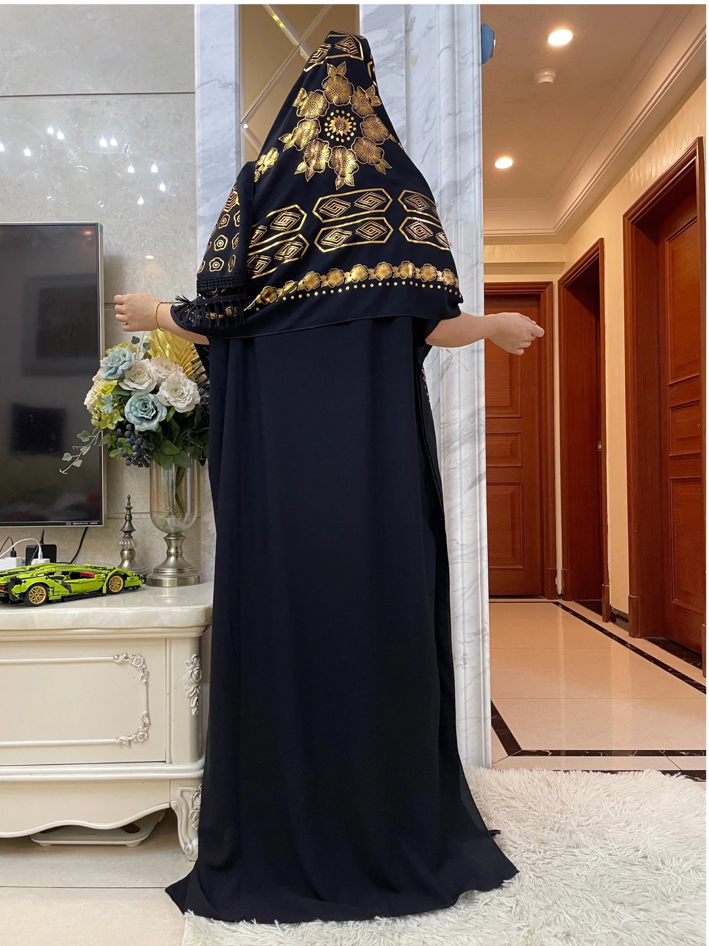 Cotton Robe Gold Stamping Maxi Dress With Big Scarf Abaya Modest Fit