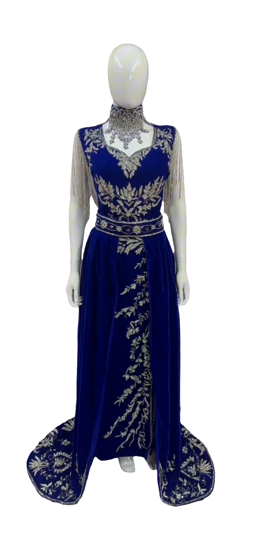 Velvet Gown with Embroidery & Detachable Neck Piece and Hand Fan