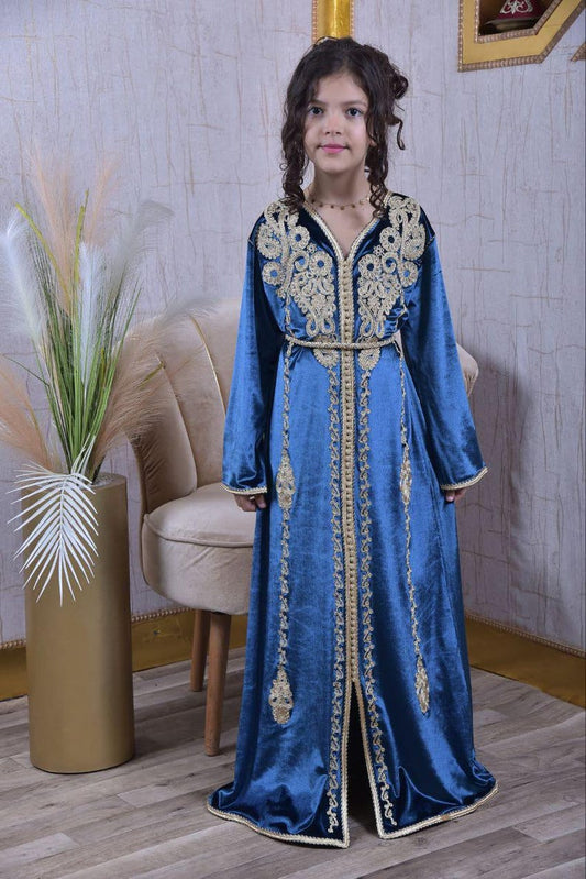 Royal blue kids girls kaftan georgette embroidered stone work stitched dress party wear wedding dresses