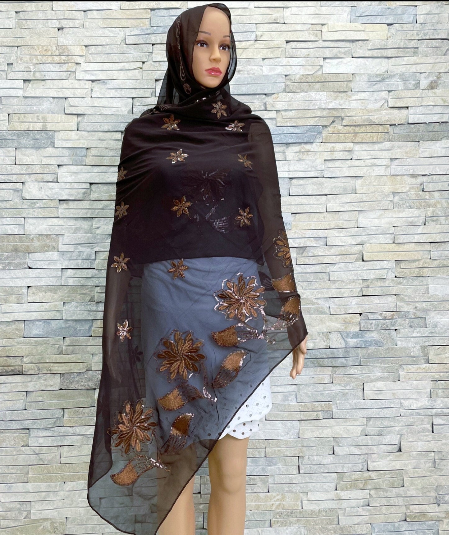 Beautiful Flower Sequin Embroidery Chiffon Fabric Wrap shawl