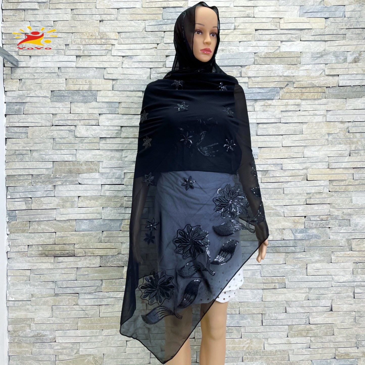 Beautiful Flower Sequin Embroidery Chiffon Fabric Wrap shawl