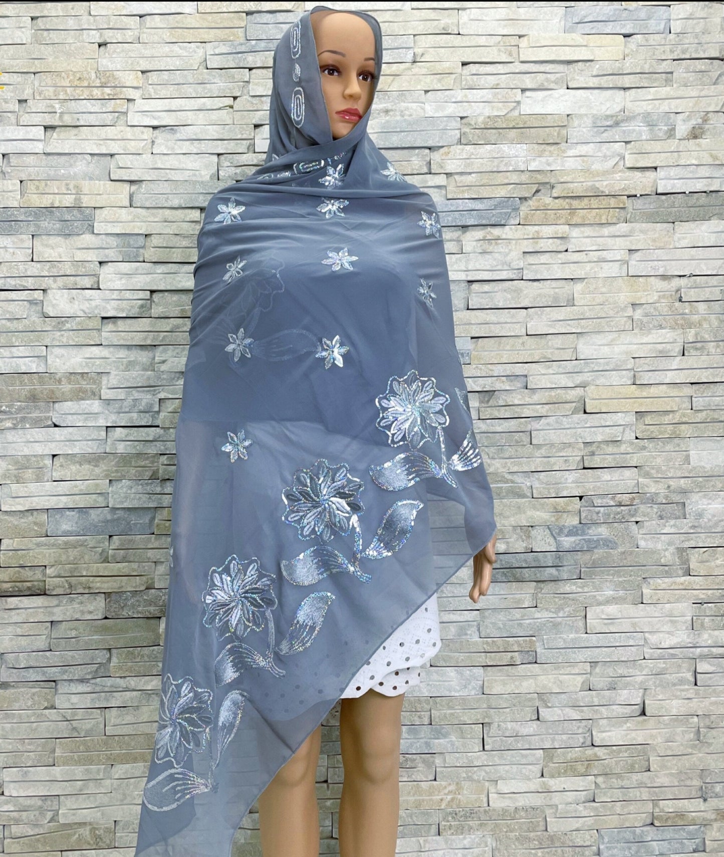 Beautiful Flower Sequin Embroidery Chiffon Fabric Wrap shawl