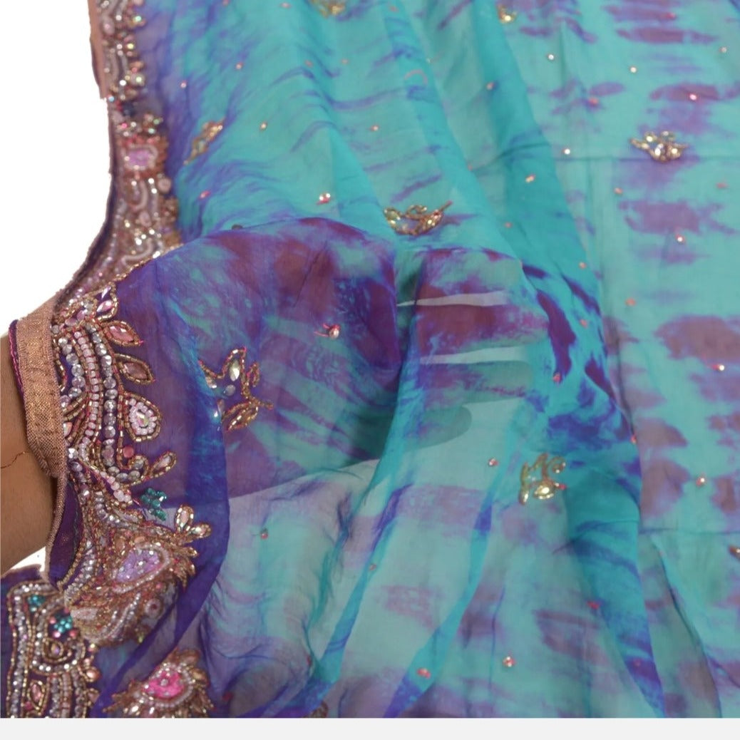 Green and Blue Hand Tie Dye Purple Long 100% Fabric