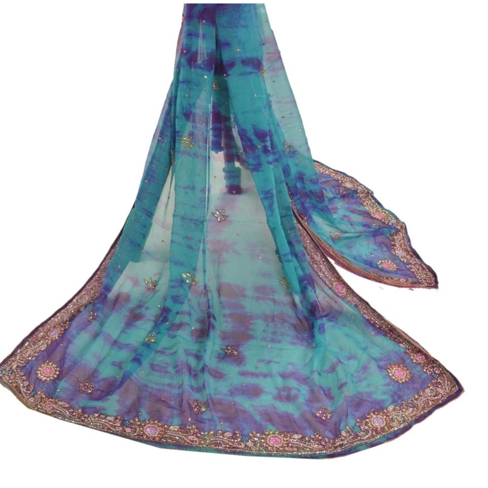 Green and Blue Hand Tie Dye Purple Long 100% Fabric