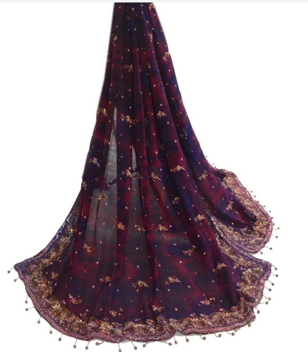 Purple and Gold BeadedTassel100% Fabric Scarf