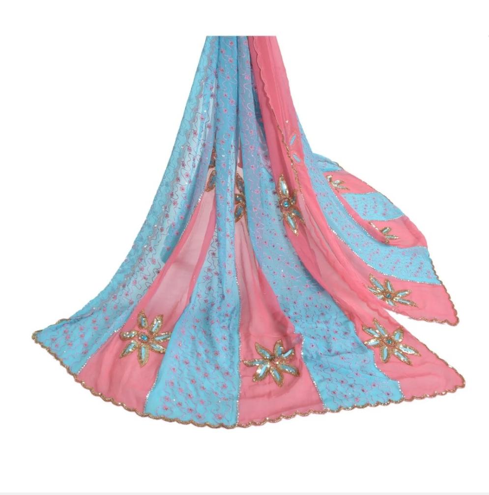 Pink and Blue Headwrap Veil Shawl Bride Bridal