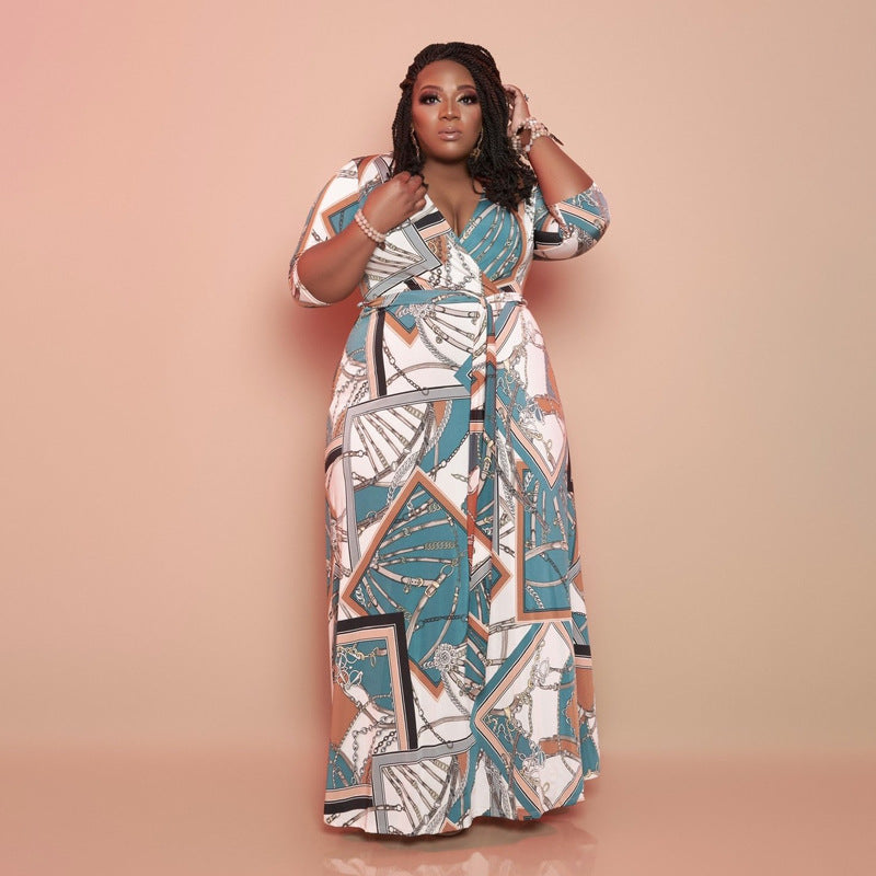 Plus Size V Neck Print Maxi Dress with Belt
