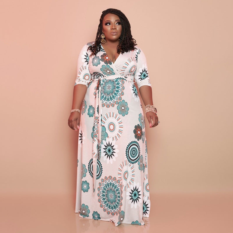 Plus Size V Neck Print Maxi Dress with Belt