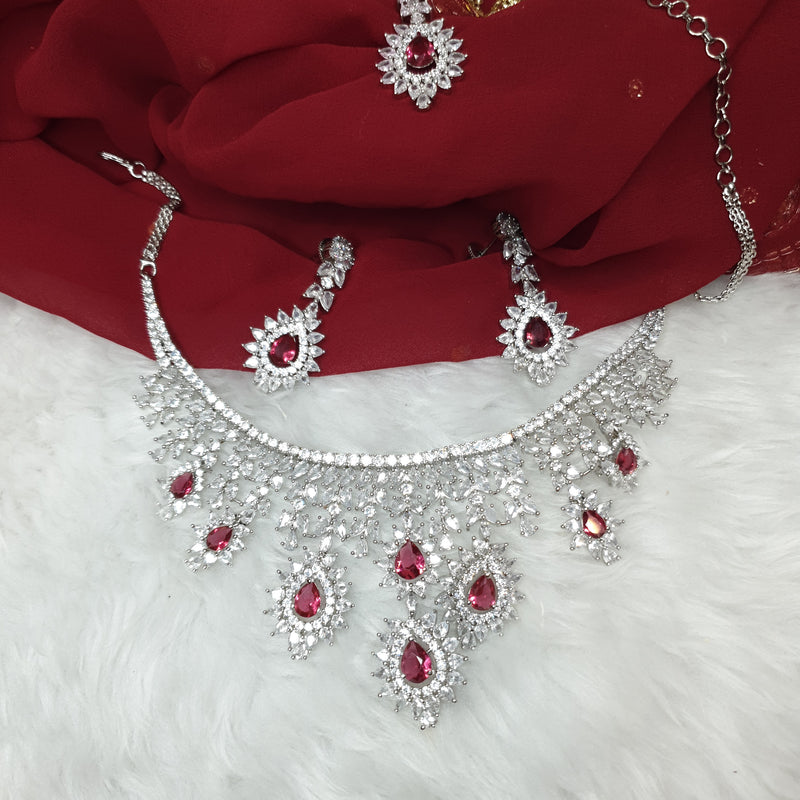 Luxurious Mutli Layer Crystal Maroon Necklace  Set