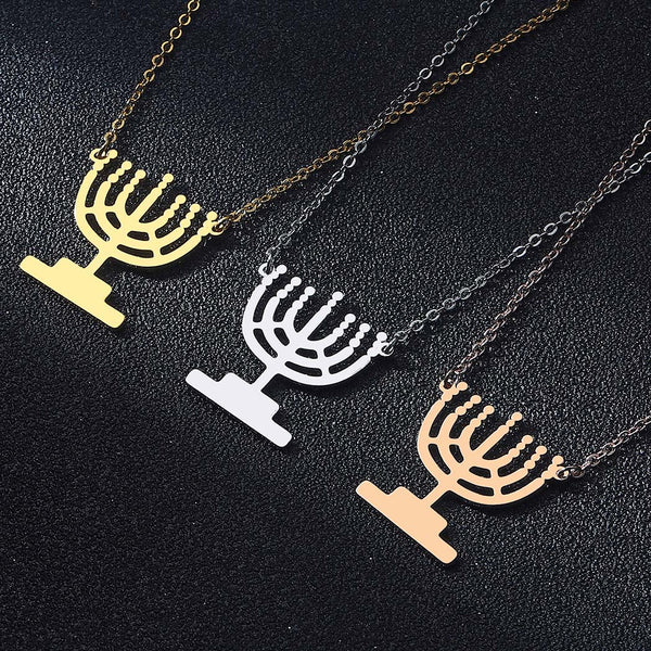 Hanukkah Lamp Candles Pendant Necklace Chanukah Menorah Shaped Stainless Steel Jewelry Candlestick Necklace