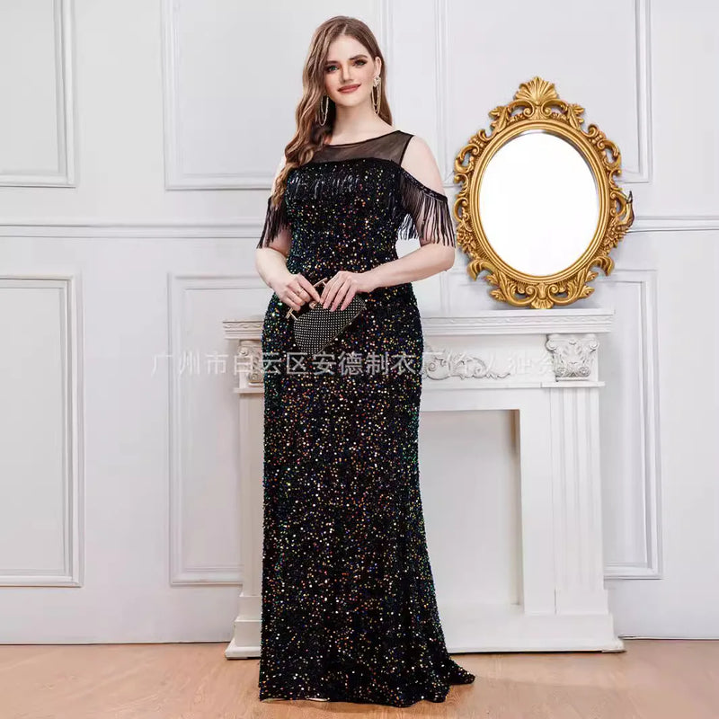 Plus Size Elegant Long Dress With Sequined Tassel Fish Tail Evening GOWN