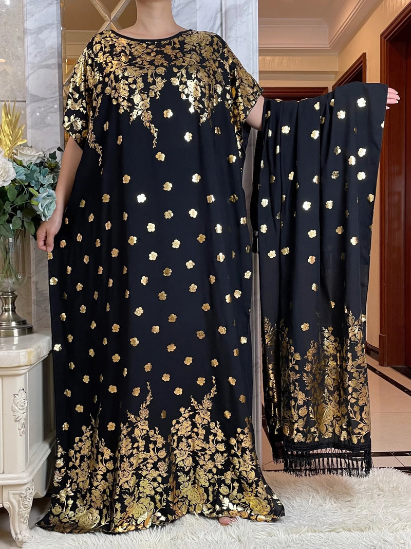 New Summer African Short Sleeve  100% Cotton Dresses With Big Scarf Loose Printing Floral Boubou Maxi Islam Women Abaya Clothes