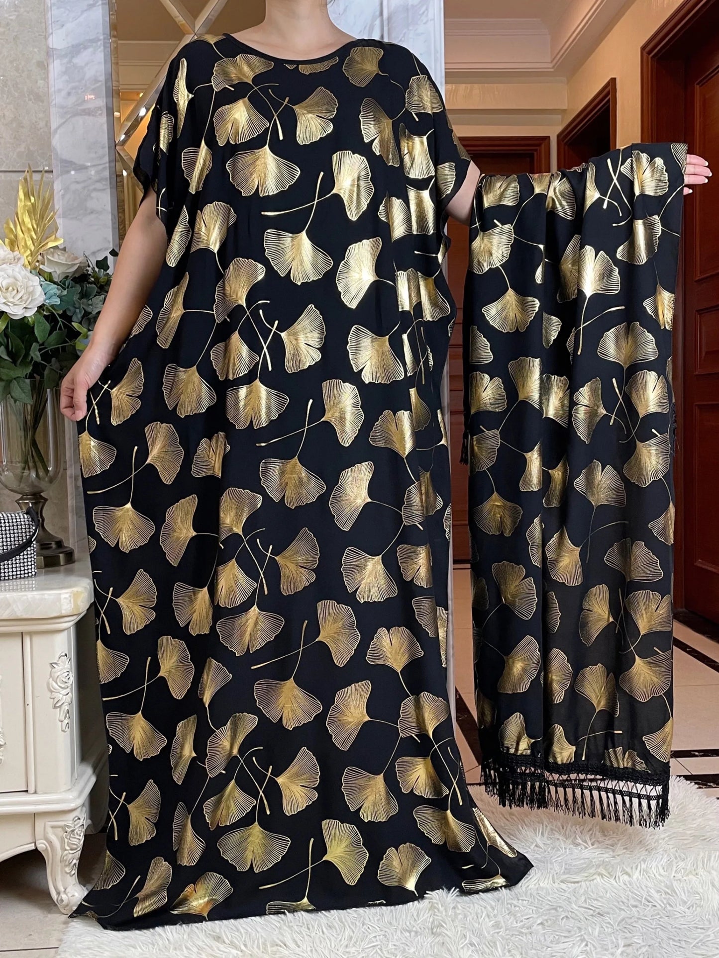 New Summer African Short Sleeve  100% Cotton Dresses With Big Scarf Loose Printing Floral Boubou Maxi Islam Women Abaya Clothes