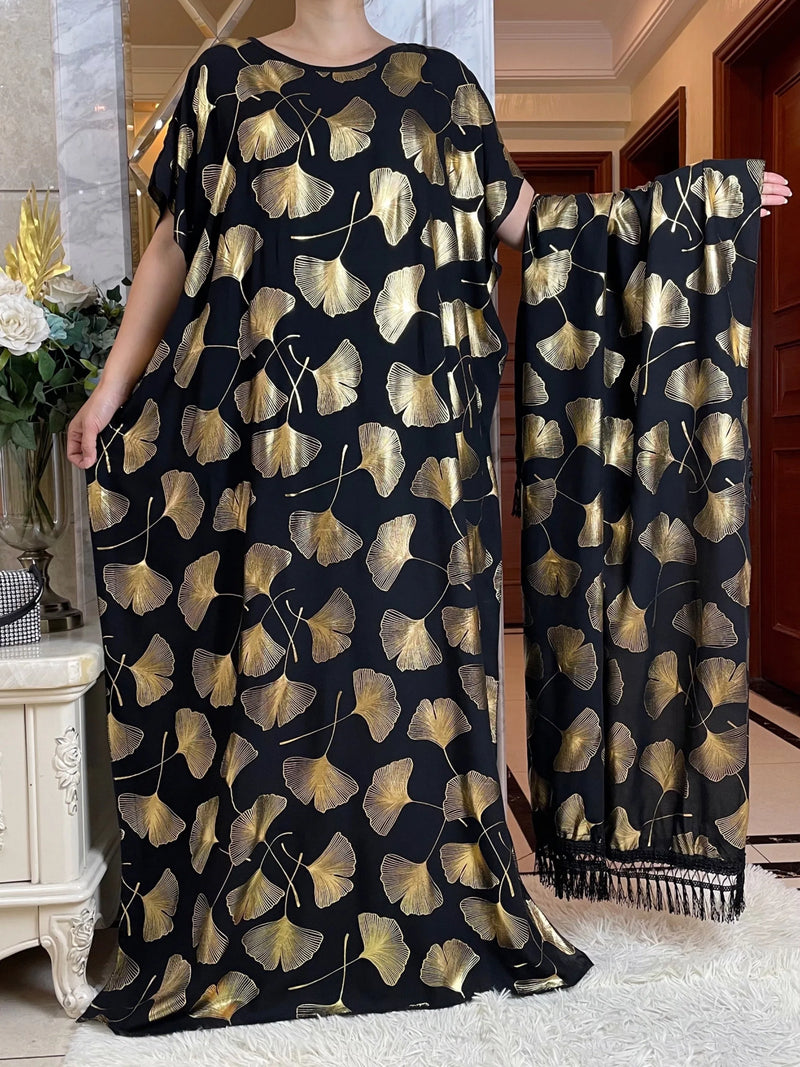 New Summer African Short Sleeve  100% Cotton Dresses With Big Scarf Loose Printing Floral Boubou Maxi Islam Women Abaya Clothes