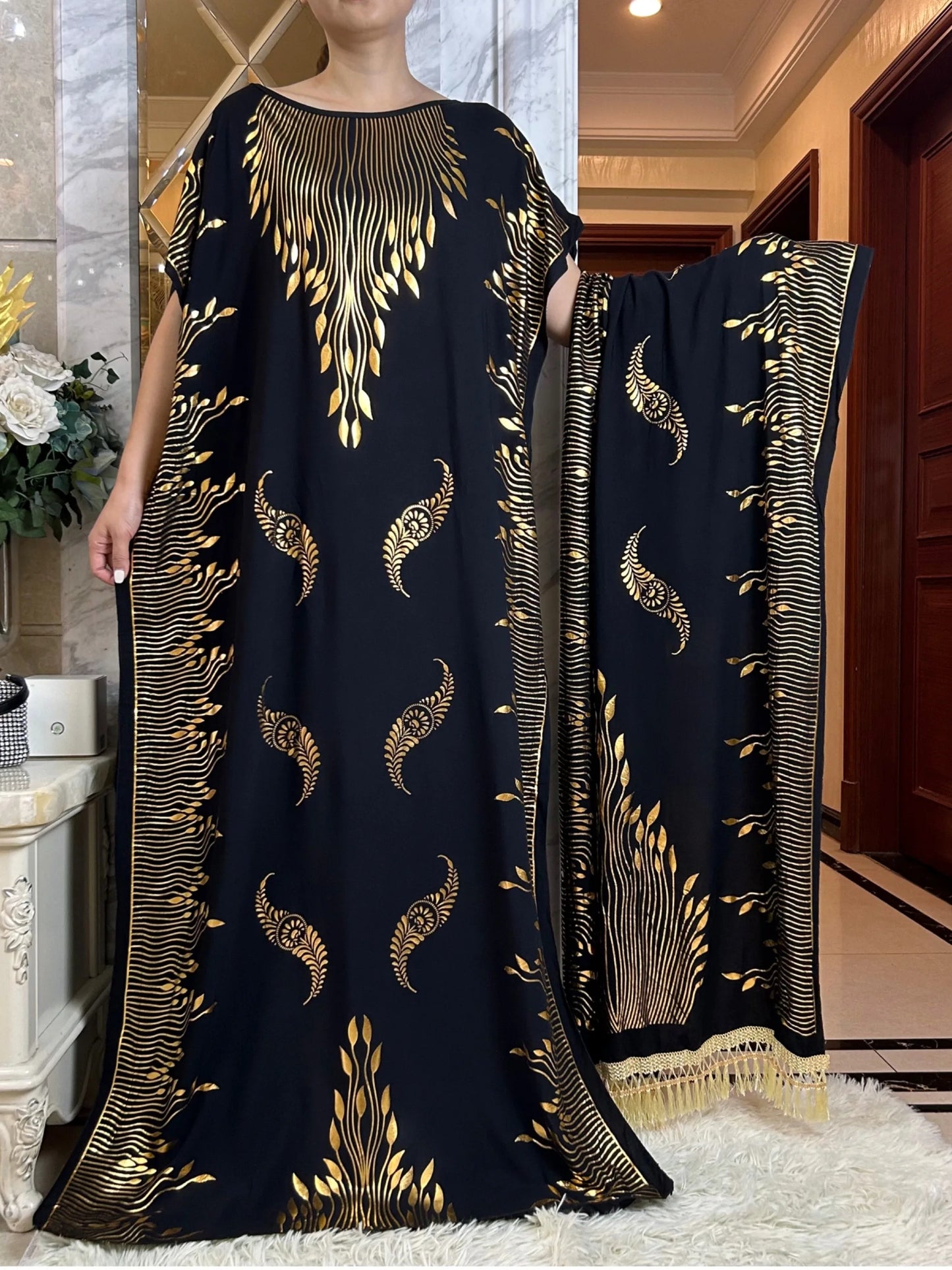 New Summer African Short Sleeve  100% Cotton Dresses With Big Scarf Loose Printing Floral Boubou Maxi Islam Women Abaya Clothes