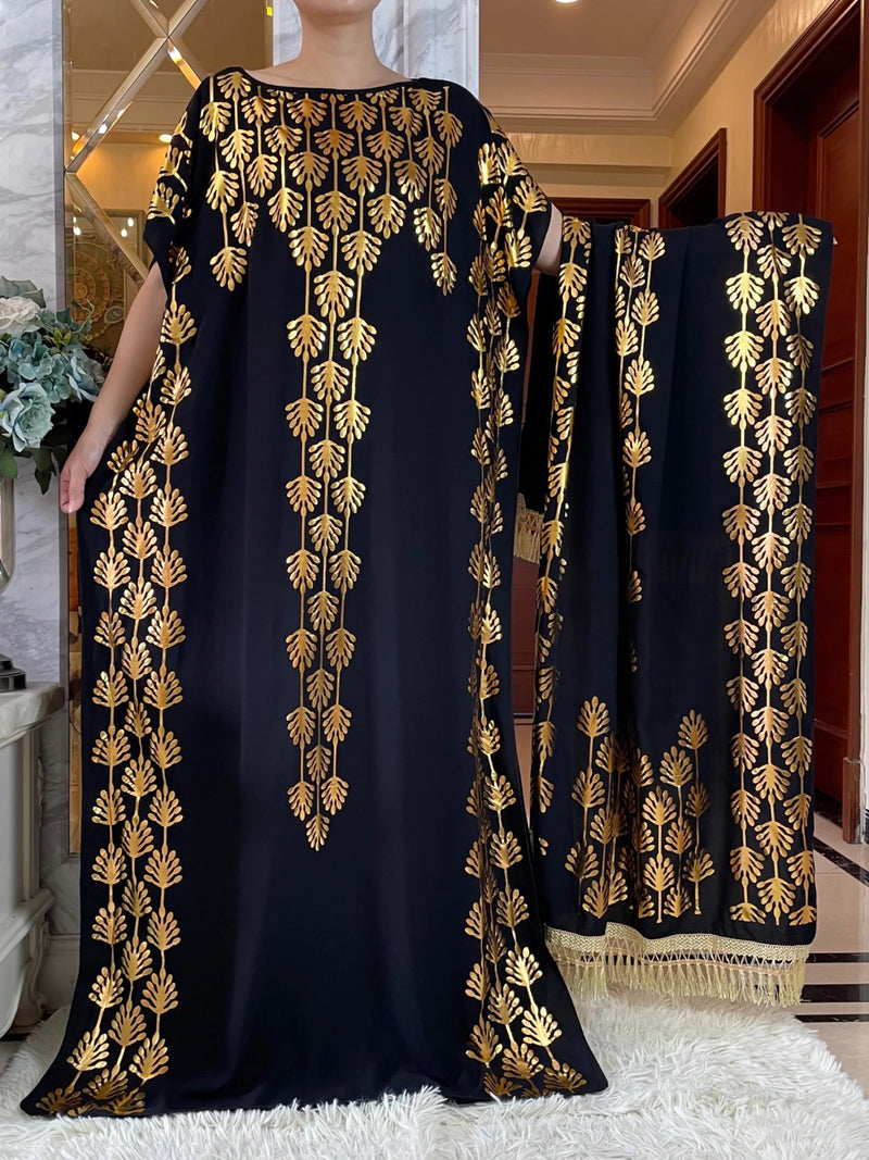 New Summer African Short Sleeve  100% Cotton Dresses With Big Scarf Loose Printing Floral Boubou Maxi Islam Women Abaya Clothes