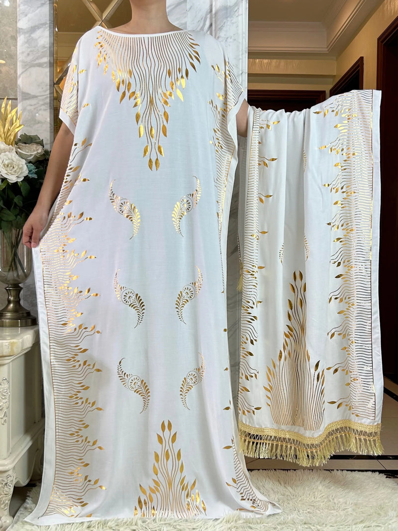 New Summer African Short Sleeve  100% Cotton Dresses With Big Scarf Loose Printing Floral Boubou Maxi Islam Women Abaya Clothes