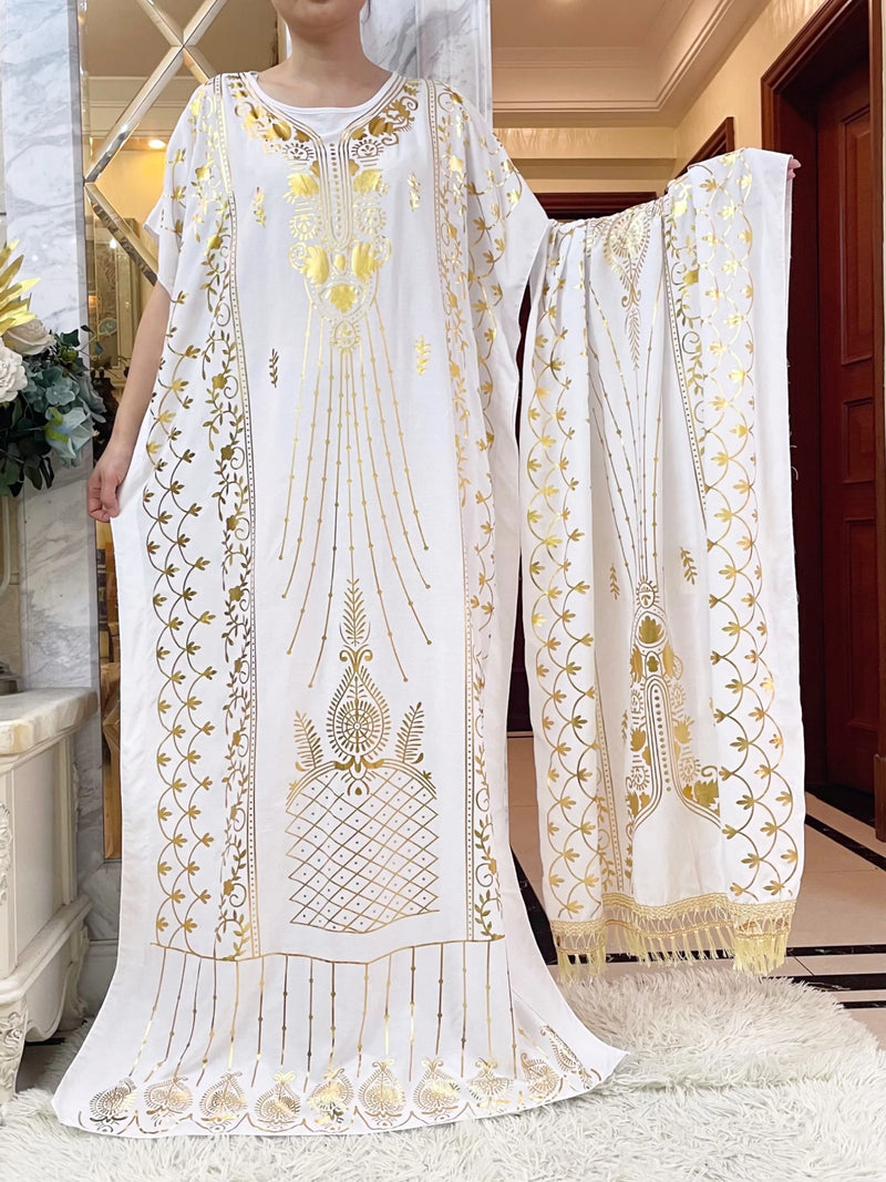 New Summer African Short Sleeve  100% Cotton Dresses With Big Scarf Loose Printing Floral Boubou Maxi Islam Women Abaya Clothes