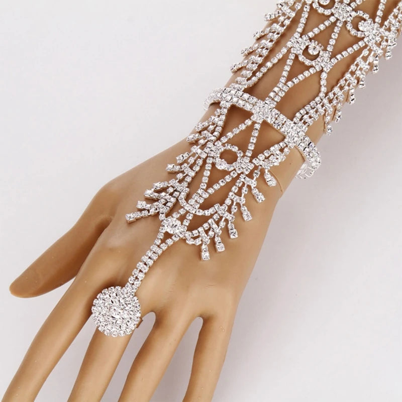 Rhinestone Hand Chain and Rings Bracelet