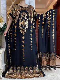New Summer African Short Sleeve  100% Cotton Dresses With Big Scarf Loose Printing Floral Boubou Maxi Islam Women Abaya Clothes