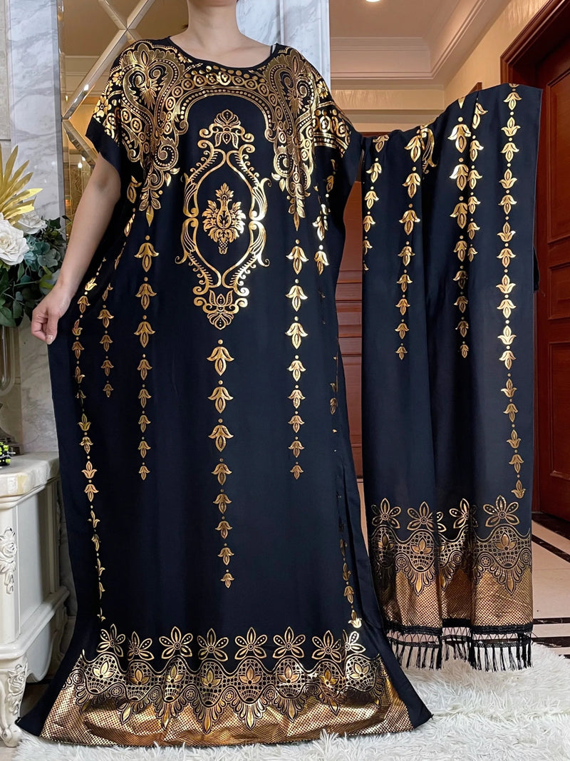 New Summer African Short Sleeve  100% Cotton Dresses With Big Scarf Loose Printing Floral Boubou Maxi Islam Women Abaya Clothes