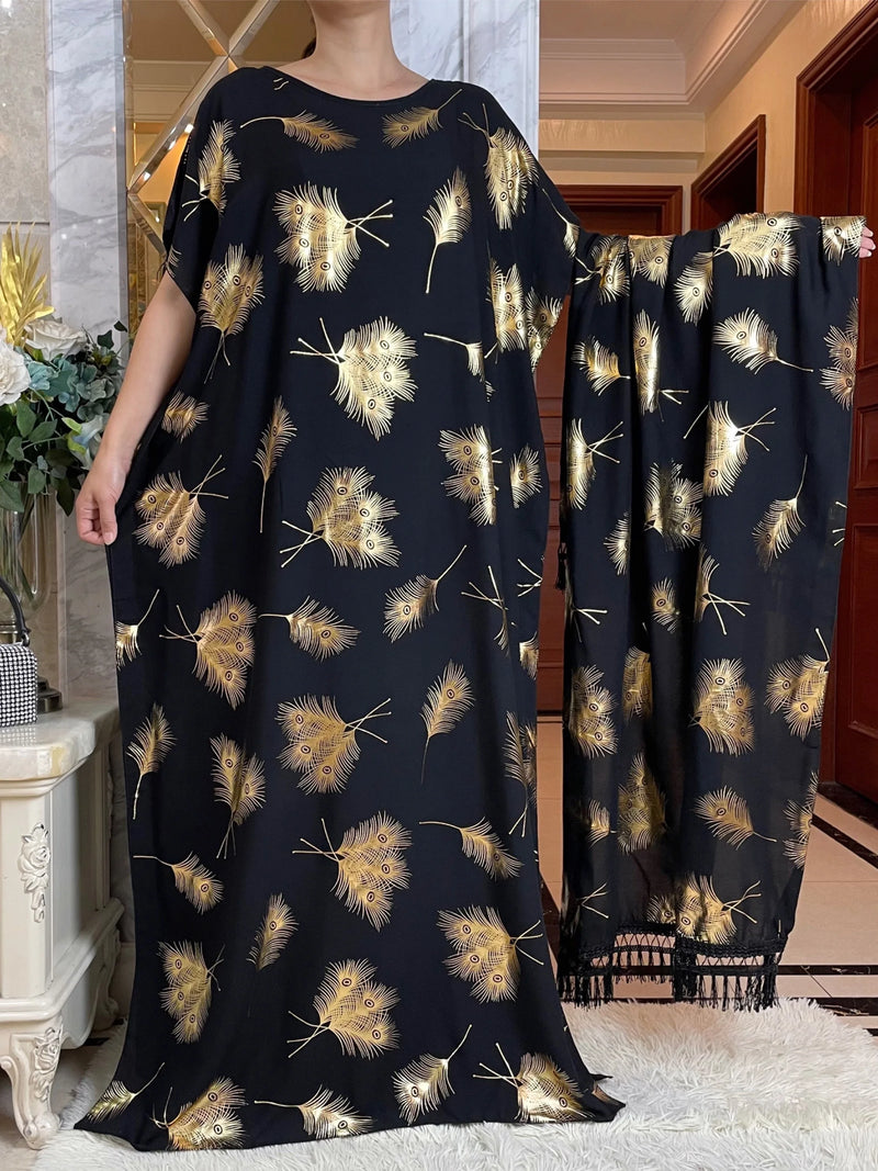 New Summer African Short Sleeve  100% Cotton Dresses With Big Scarf Loose Printing Floral Boubou Maxi Islam Women Abaya Clothes