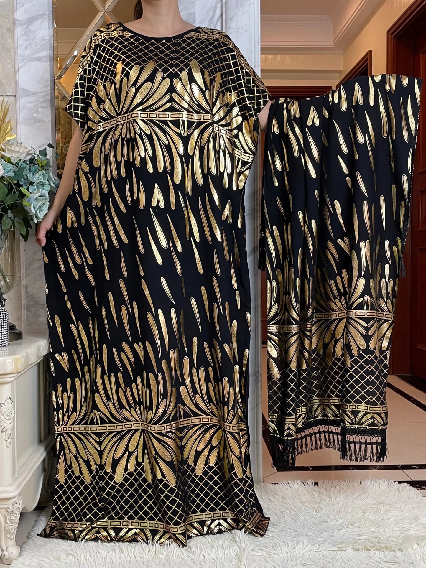 New Summer African Short Sleeve  100% Cotton Dresses With Big Scarf Loose Printing Floral Boubou Maxi Islam Women Abaya Clothes