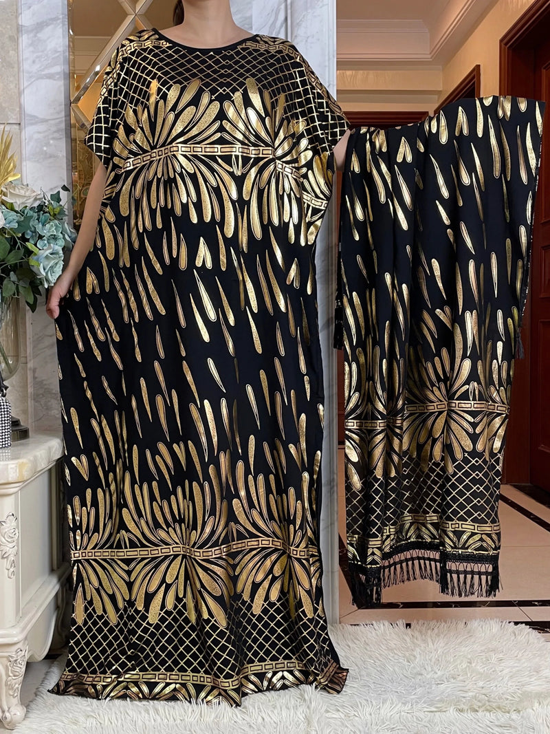 New Summer African Short Sleeve  100% Cotton Dresses With Big Scarf Loose Printing Floral Boubou Maxi Islam Women Abaya Clothes