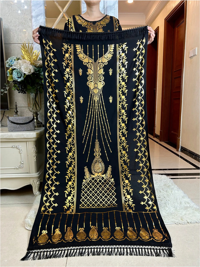 New Summer African Short Sleeve  100% Cotton Dresses With Big Scarf Loose Printing Floral Boubou Maxi Islam Women Abaya Clothes
