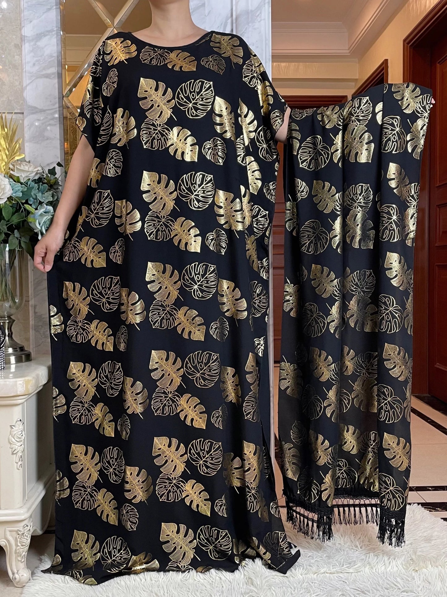 New Summer African Short Sleeve  100% Cotton Dresses With Big Scarf Loose Printing Floral Boubou Maxi Islam Women Abaya Clothes