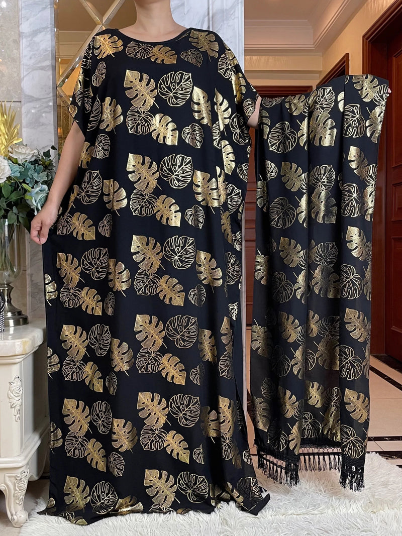 New Summer African Short Sleeve  100% Cotton Dresses With Big Scarf Loose Printing Floral Boubou Maxi Islam Women Abaya Clothes