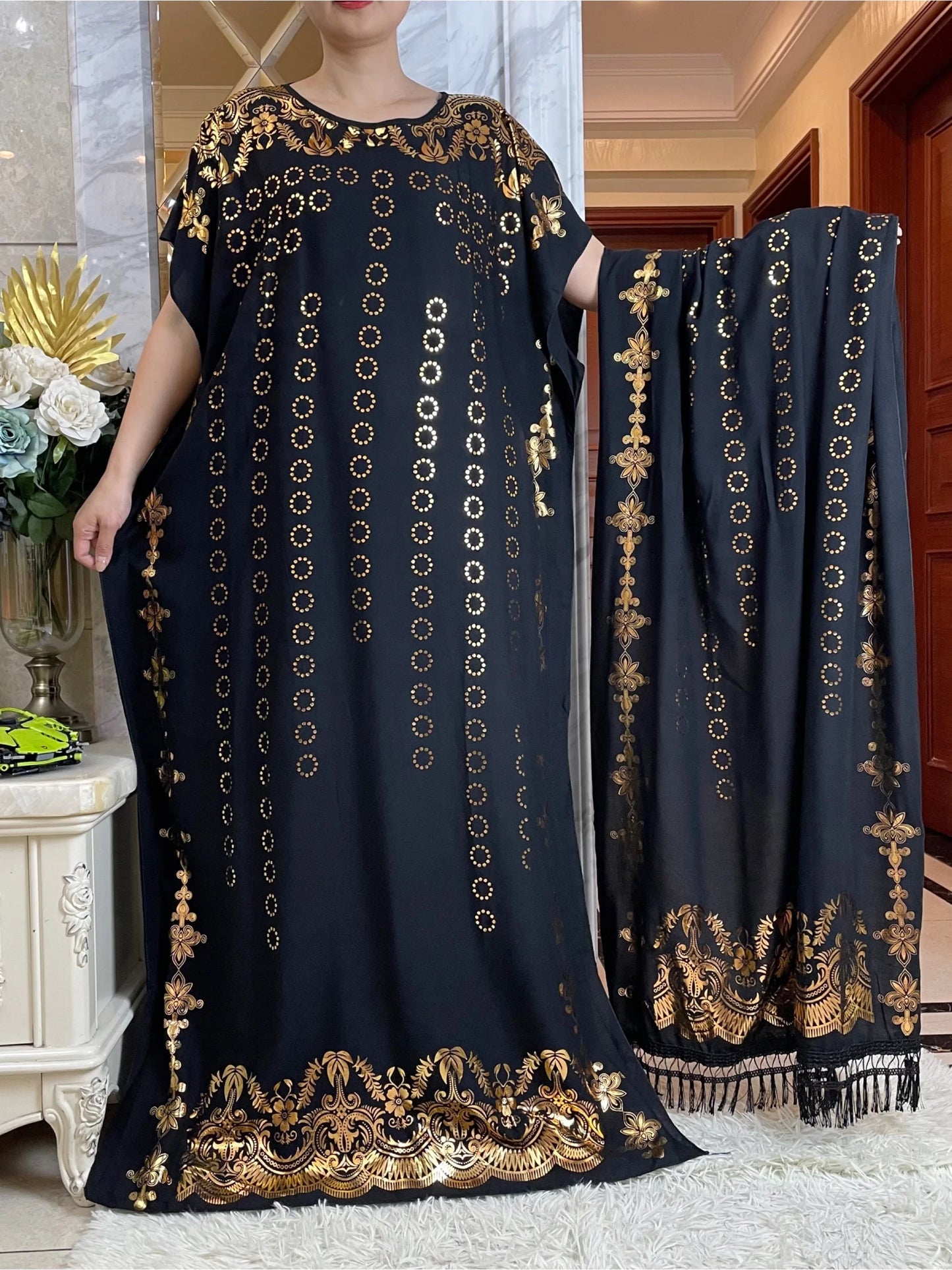 New Summer African Short Sleeve  100% Cotton Dresses With Big Scarf Loose Printing Floral Boubou Maxi Islam Women Abaya Clothes